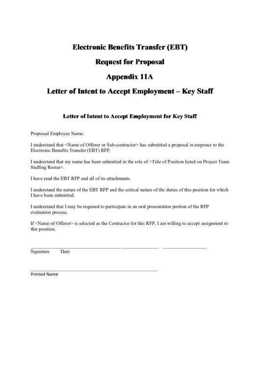 Letter Of Intent To Accept Employment For Key Staff Printable pdf