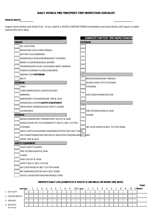 Daily Vehicle Pre-Trip/post-Trip Inspection Checklist Template Printable pdf