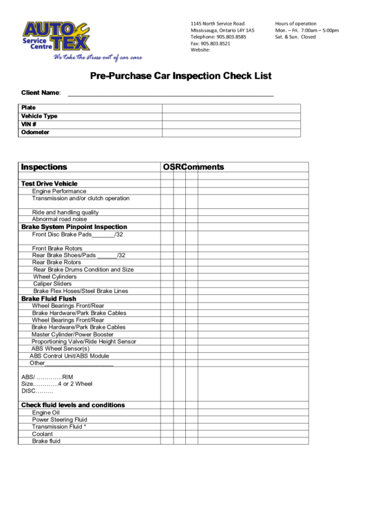 Pre-Purchase Car Inspection Checklist Template Printable pdf