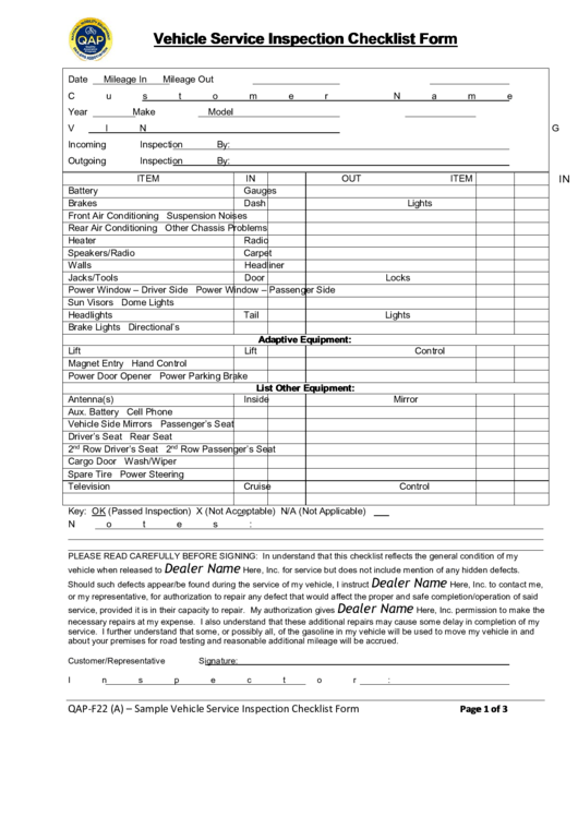 Vehicle Service Inspection Checklist Form Printable pdf