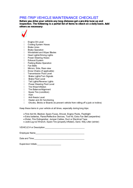 Pre-Trip Vehicle Maintenance Checklist Printable pdf
