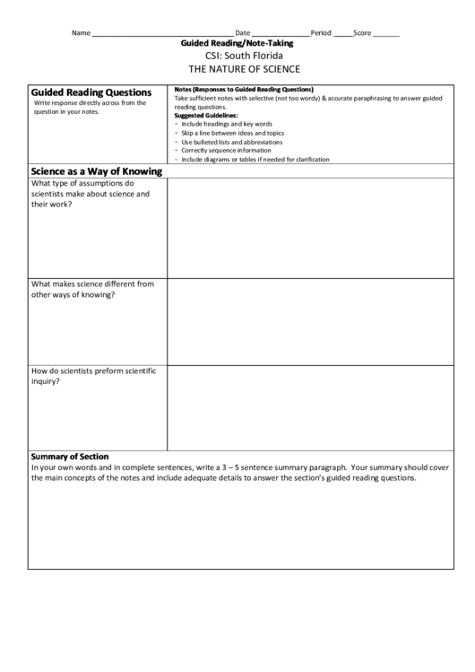 Cornell Notes Csi: South Florida The Nature Of Science Printable pdf