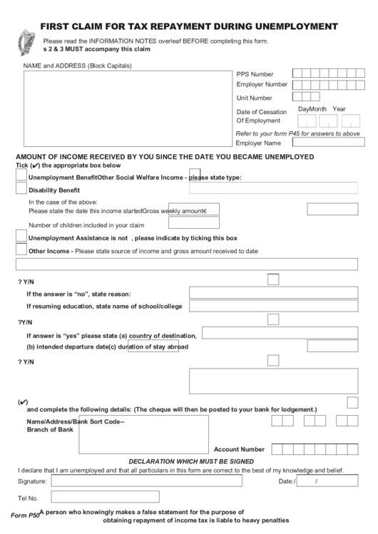 Fillable First Claim For Tax Repayment During Unemployment Printable pdf