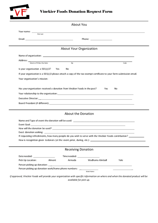 Fillable Vinckier Foods Donation Request Form Printable pdf