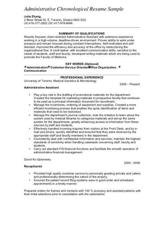 Administrative Chronological Resume Sample Printable pdf