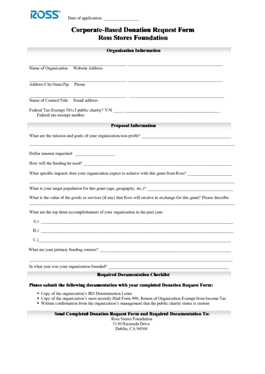 Corporate-Based Donation Request Form Ross Stores Foundation Printable pdf