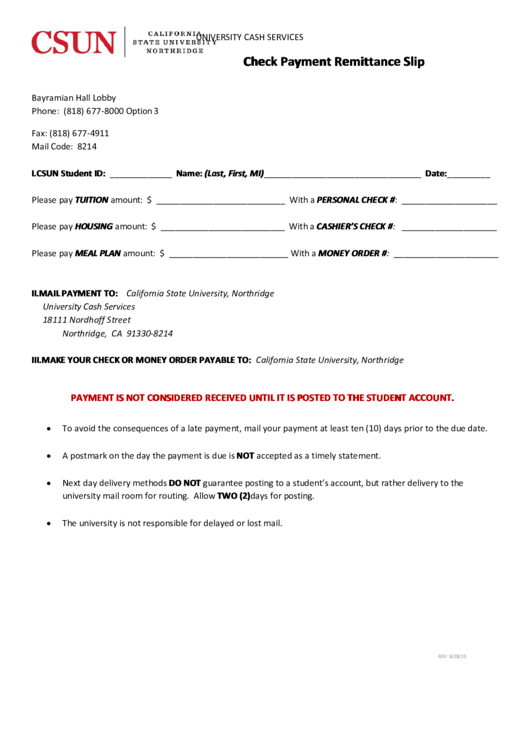 Fillable Csun Check Payment Remittance Slip Printable pdf