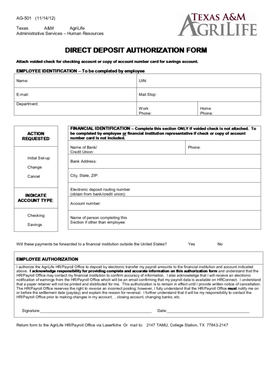Fillable Ag-501 - Direct Deposit Authorization Form Printable pdf