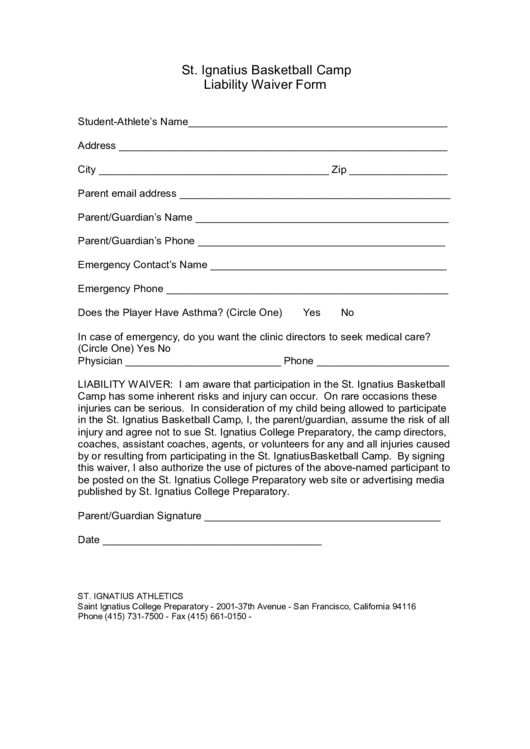 St. Ignatius Basketball Camp Liability Waiver Form Printable pdf