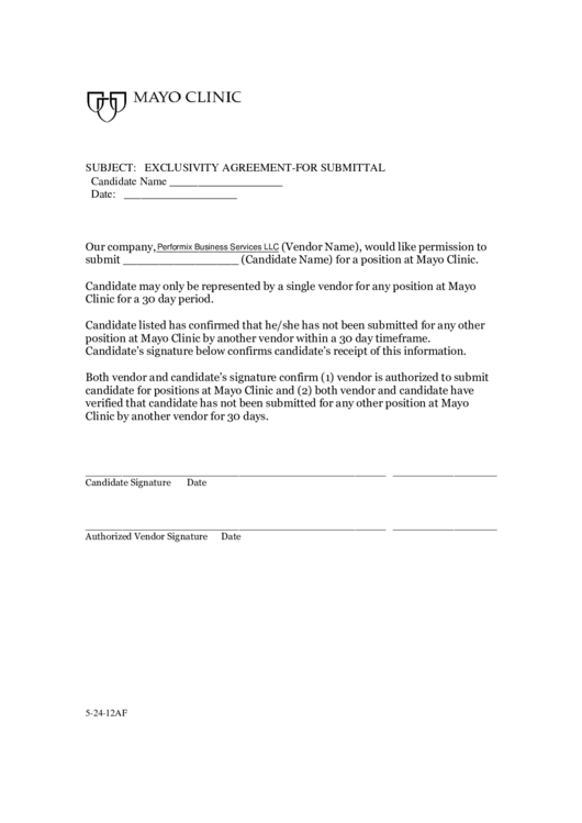 Mayo Clinic Exclusivity Agreement-For Submittal Printable pdf