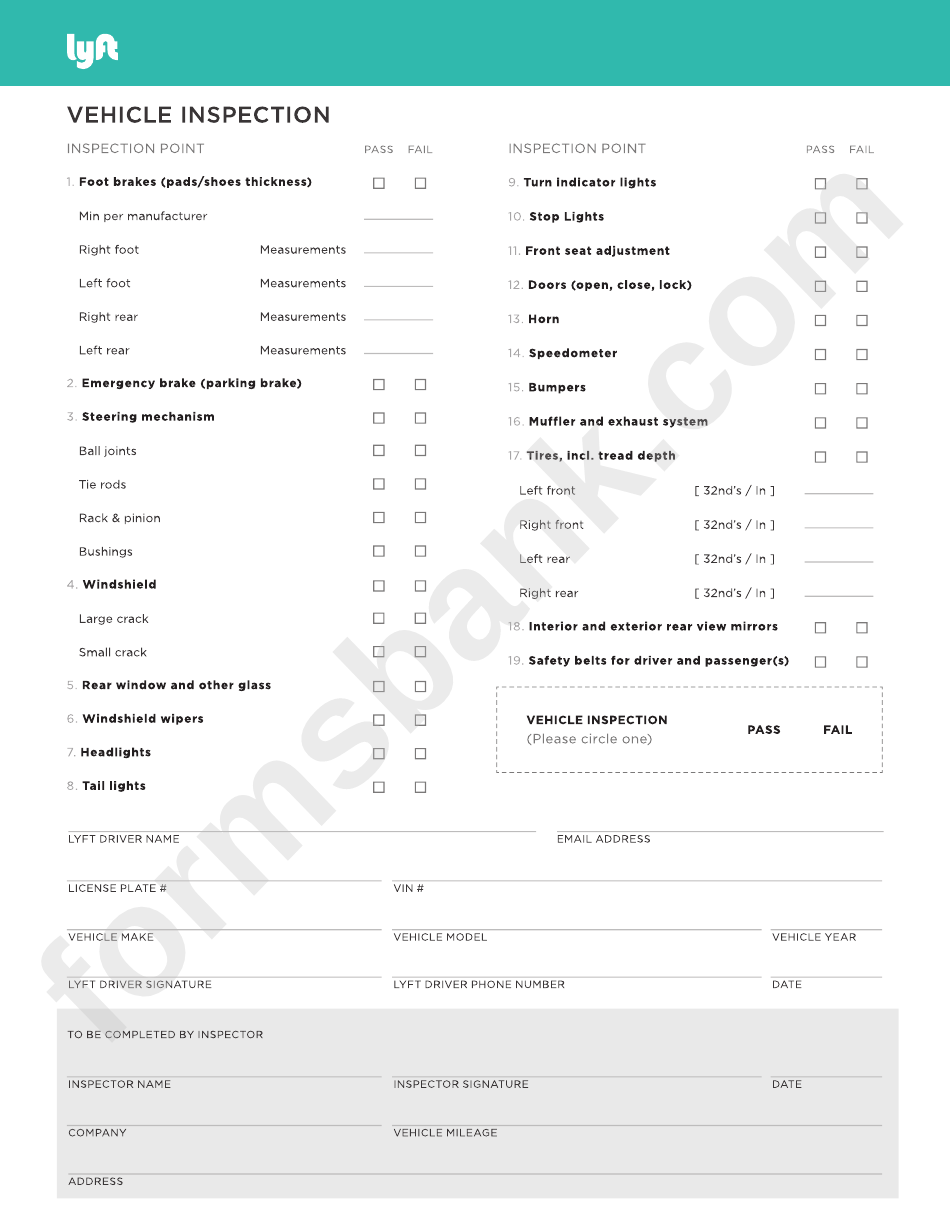 Vehicle Inspection Checklist Template printable pdf download