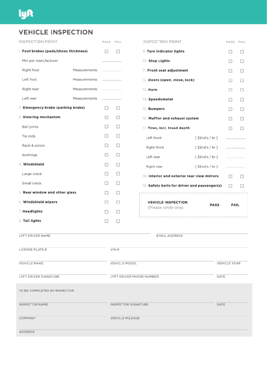 Vehicle Inspection Checklist Template Printable pdf