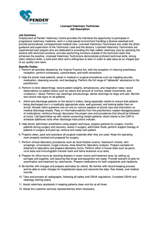 Licensed Veterinary Technician Job Description Printable pdf