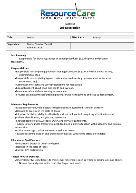 Dentist Job Description Sample Printable pdf