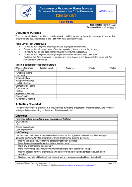 Department Of Health And Human Services Checklist Test Plan