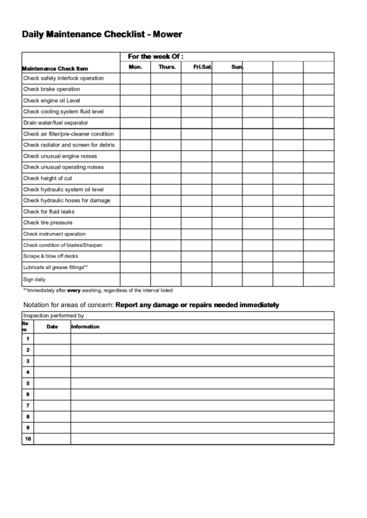 Daily Mower Maintenance Checklist Printable pdf