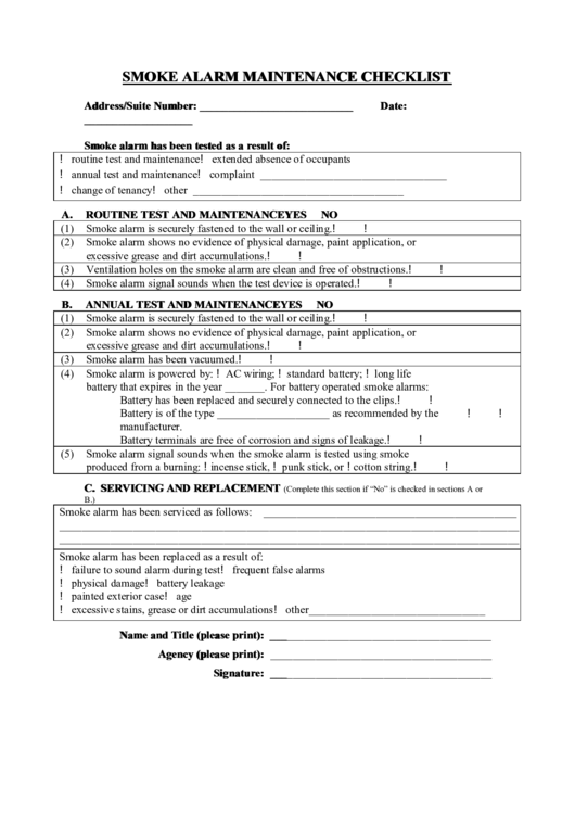 Smoke Alarm Maintenance Checklist Printable pdf