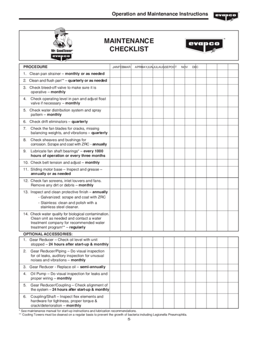 Cooling Tower Maintenance Checklist Printable pdf