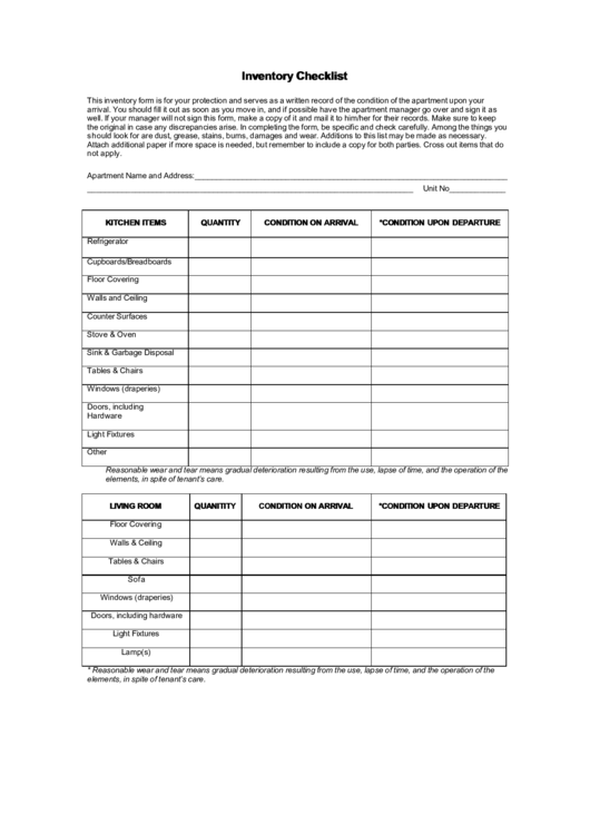Inventory Checklist Printable pdf