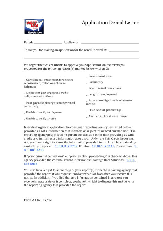 Application Denial Letter Template Printable pdf