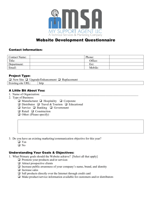 Website Development Questionnaire Template Printable pdf