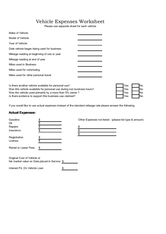 Vehicle Expenses Worksheet Printable pdf