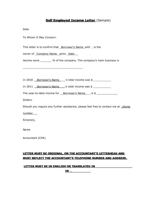 Sample Self Employed Income Letter Template printable pdf download