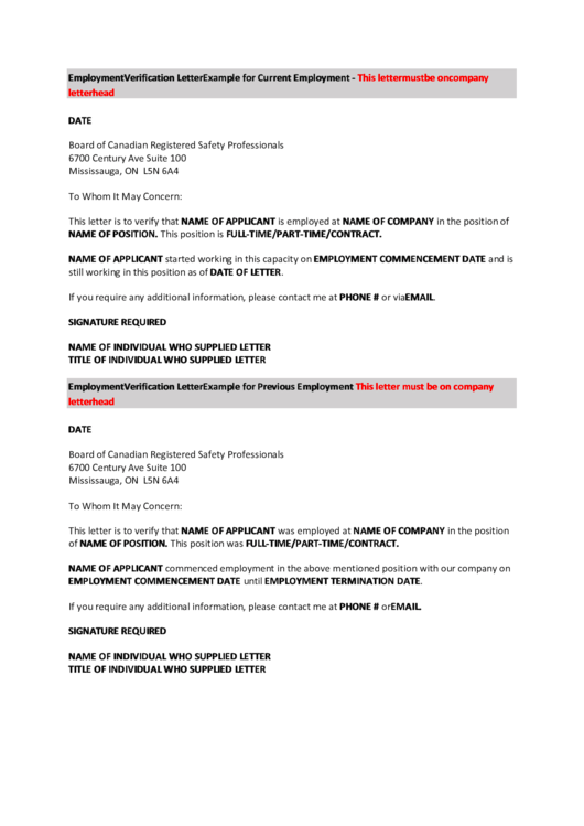 Employment Verification Letter Example For Current Employment Printable pdf