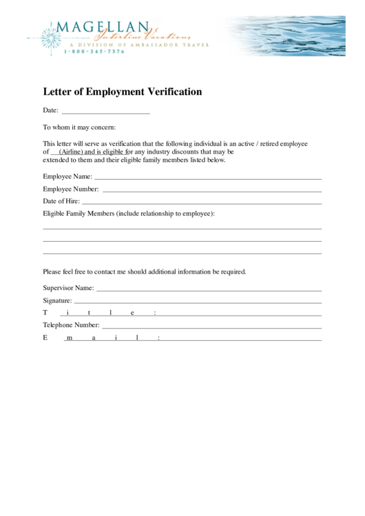 Letter Of Employment Verification Template Printable pdf