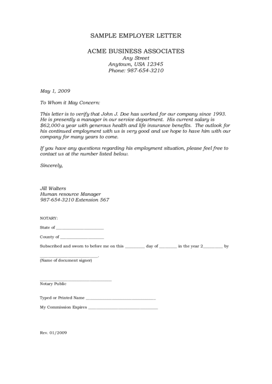 Verification Of Employment Letter Template Printable pdf