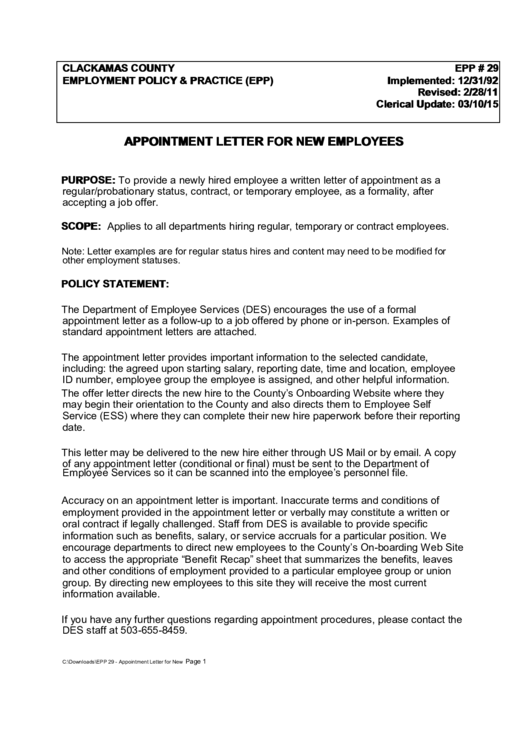 Appointment Letter For New Employees Printable pdf