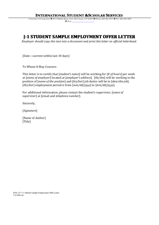 J1 Student Sample Employment Offer Letter Printable pdf