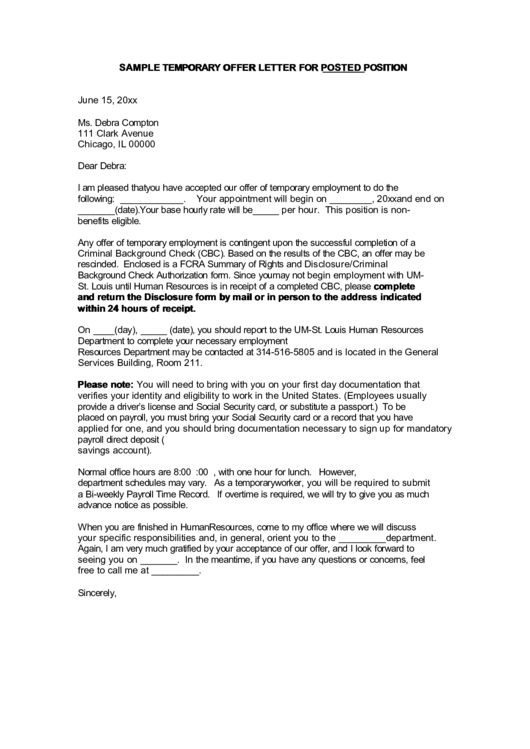 Sample Temporary Offer Letter For Posted Position Printable pdf