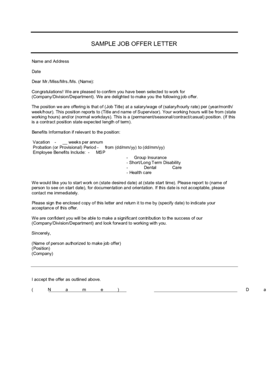 Sample Job Offer Letter Printable pdf