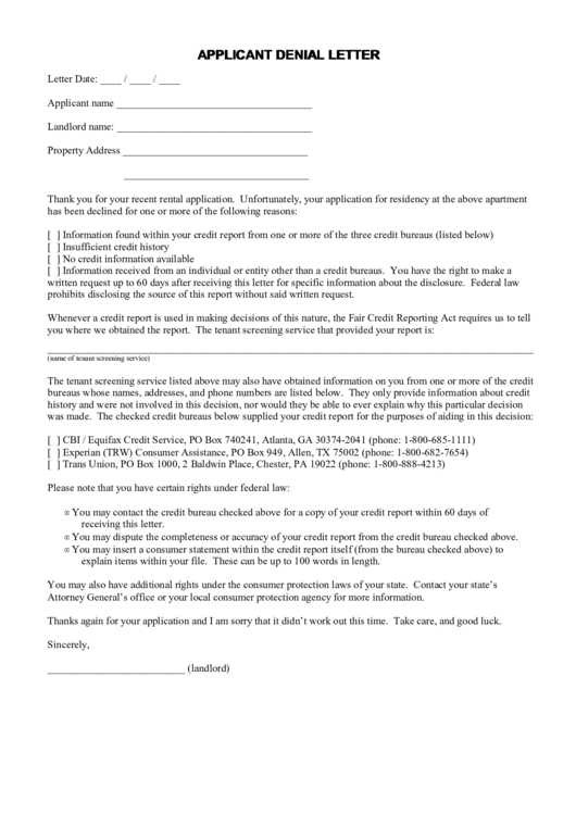 Applicant Denial Letter Template Printable pdf