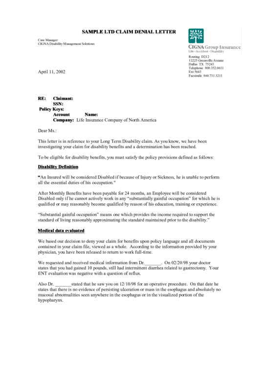 Sample Ltd Claim Denial Letter Template Printable pdf