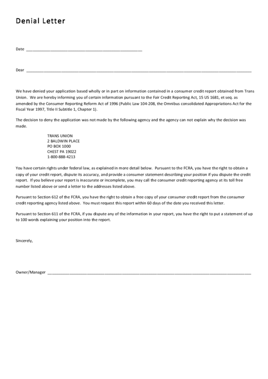 Denial Letter Template printable pdf download