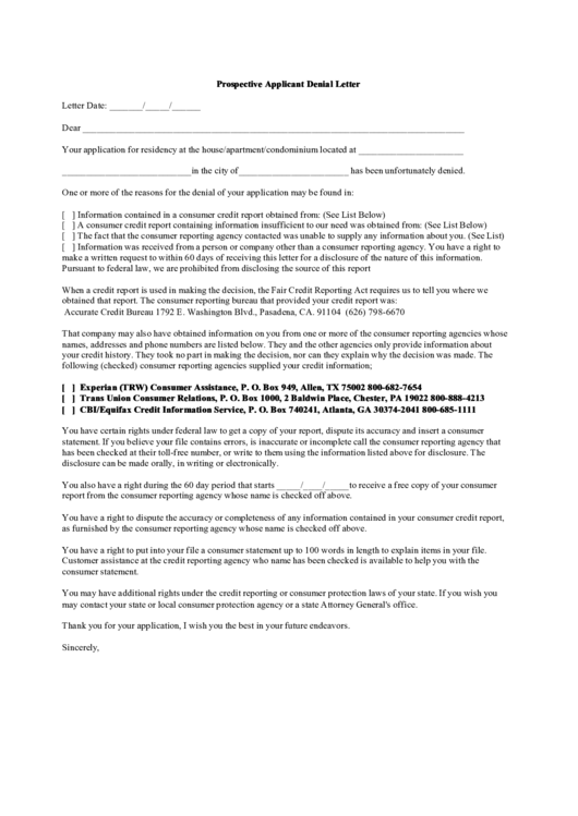 Prospective Applicant Denial Letter Template Printable pdf