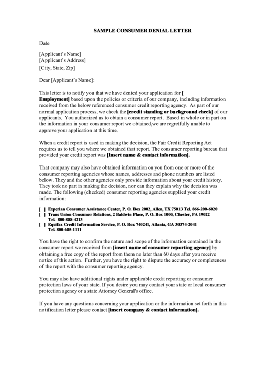 Sample Consumer Denial Letter Template Printable pdf