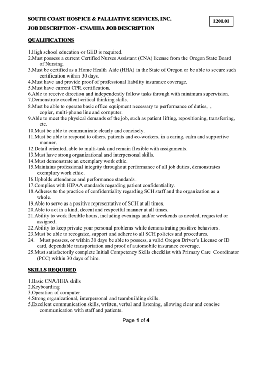 Job Description - Cna/hha Job Description Printable pdf