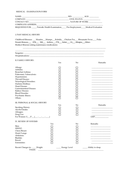 Fillable Medical Examination Form Printable pdf