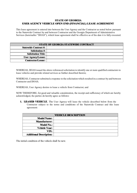 State Of Georgia User Agency Vehicle Open End (Financial) Lease Agreement Printable pdf