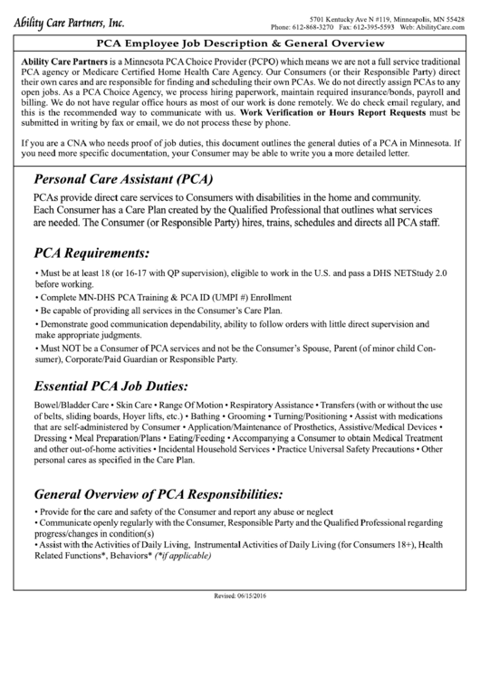 Pca Employee Job Description And General Overview Printable pdf