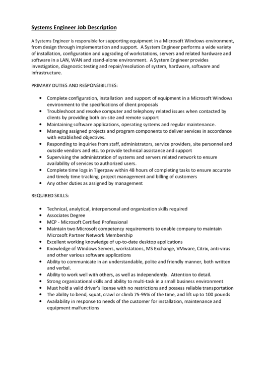 Systems Engineer Job Description Printable pdf