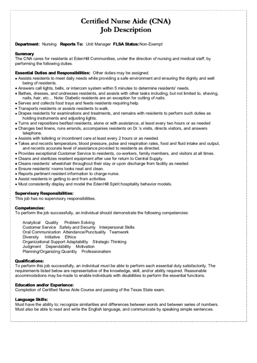 Certified Nurse Aide (Cna) Job Description Printable pdf