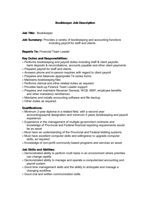 Bookkeeper Job Description Printable pdf
