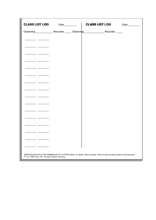 Fillable Class List Log Printable pdf