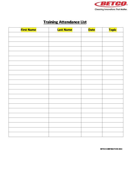 Training Attendance List Printable pdf