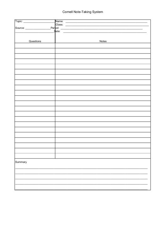 Cornell Note-Taking Template Printable pdf