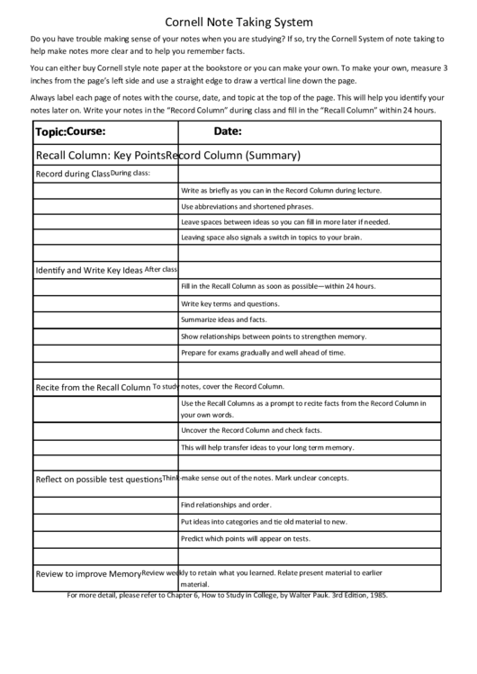 Cornell Note Taking Template Printable pdf